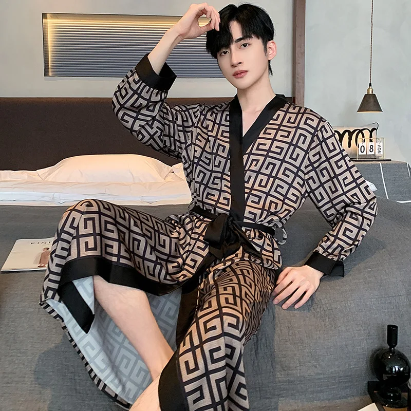 High Quality Pajamas Suit Men Ice Silk Summer Thin Short Sleeves Cool Satin Sleepwear Chic Pyjamas Set Male Loungewear Boy Gift 12 Sb1e0e5b1e7b0460792e60d0e383b428fu
