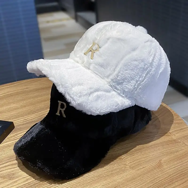 Warm Baseball Hat Couple Street Duckbill Hat Autumn And Winter Rabbit Fur Velvet R Letter Label Thick Warm Hat