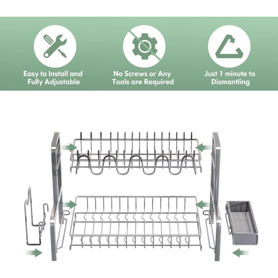 2 Tier Dish Drying Rack and Drainboard Set Large Stainless Steel Dish Drainers for Kitchen Counter Plates Strainer Shelf with C