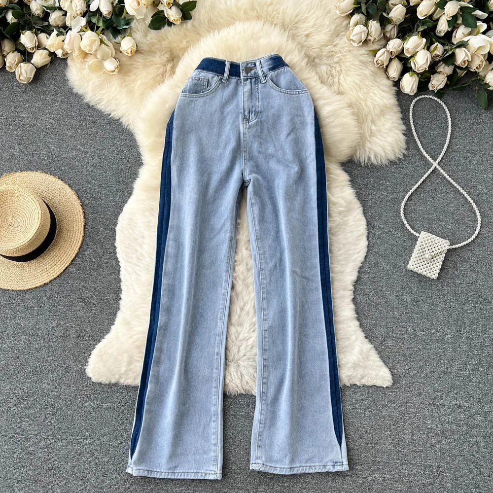 

2022 Fall Patchwork Jeans Women High Waist Straight Pants Color Match Denim Trousers Loose Casual Jeans Female P357