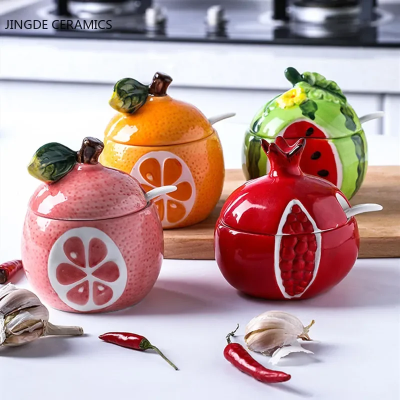 Spice Container Sugar Bowl Ceramic Condiment Pot Creative Ceramic Seasoning Jar Bottle Kitchen Decoration Racks Fruit Melon Shape Spices Storage Tank Sugar Bowl with Lid &Spoon