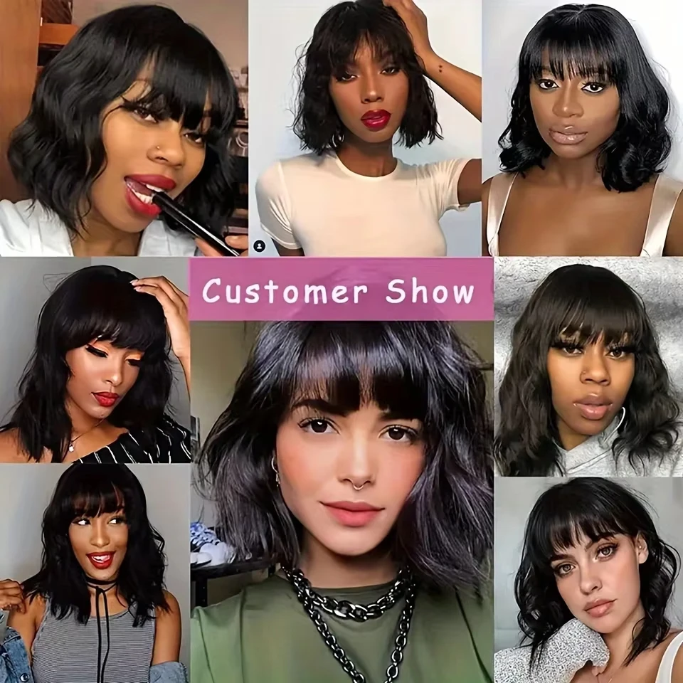 Body Wave Short Bob Human Hair Wig With Bangs Glueless Full Machine Made Wig For Women Brazilian Water Wave Bob Wig With Bangs