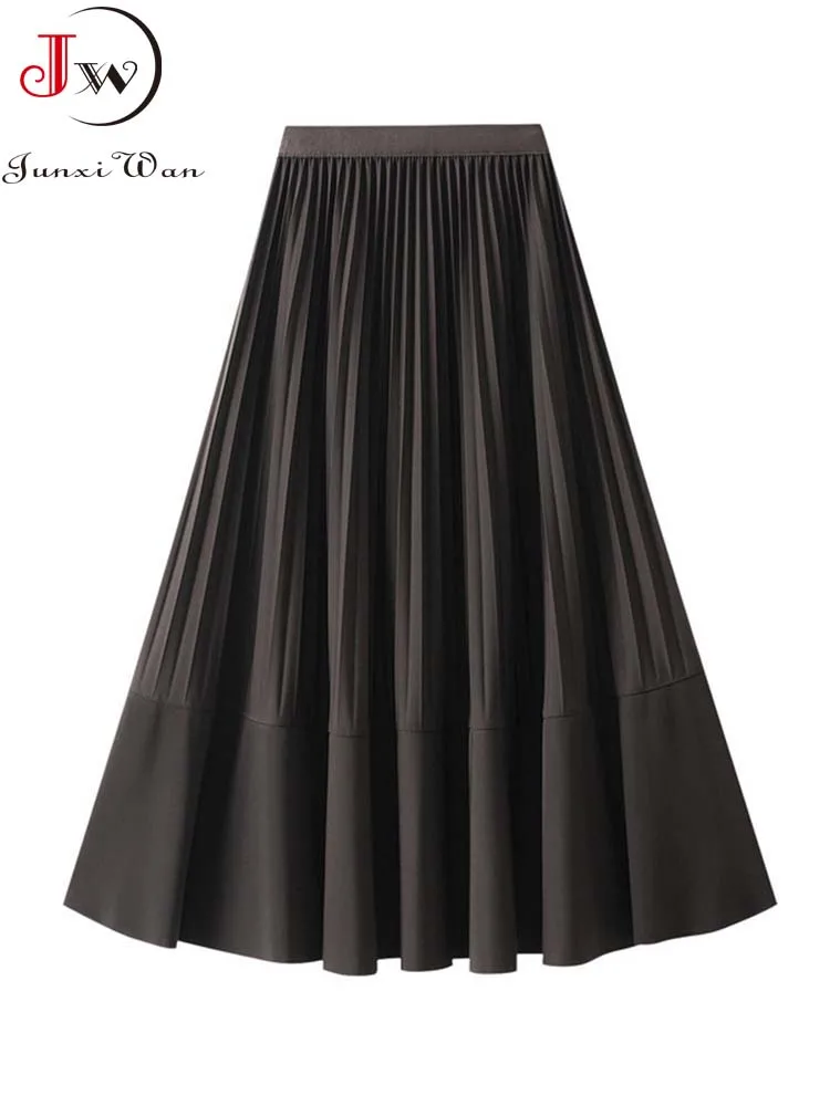 

Solid Color Vintage Women Pleated Skirt Autumn Winter Elegant High Waist Ladies A-line Midi Skirts