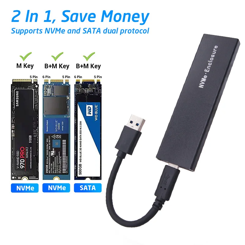 External Hard Drive Case M2 SSD Case Enclosure NVMe SATA NGFF for External Hard Drive USB 3.1 10Gbps