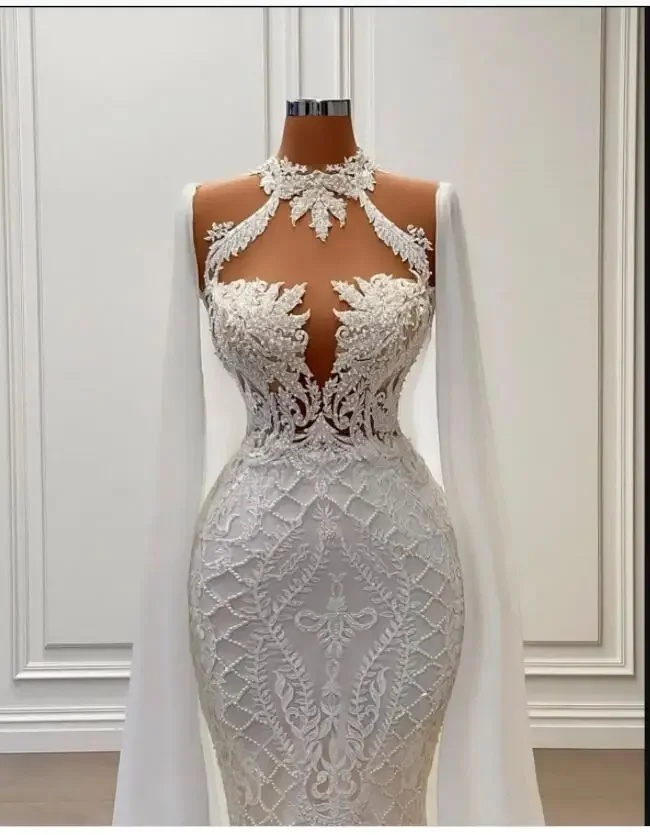Customized High Neck Lace Wedding Dresses With Fly Away Cape Robe De Mariage Sweep Train PLus Size Mermaid Bridal Gowns 4
