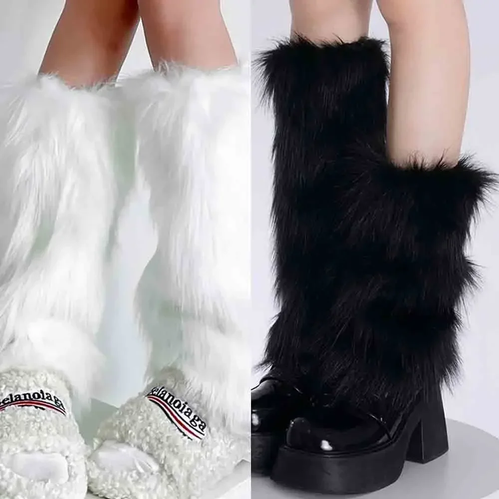 Leg Warmers Japanese White Faux Fur Boot Covers Y2K Goth Solid Leg Socks Punk Jk Knee-length Hiphop Hotgirl Fashion Warm Sock