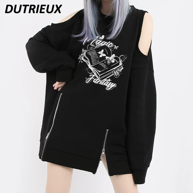 

Off-the-Shoulder Pullover Loose Zip Mid-Length Top Spring Autumn Sweatshirt 2023 New High Street Cool Casual Hoodies for Women