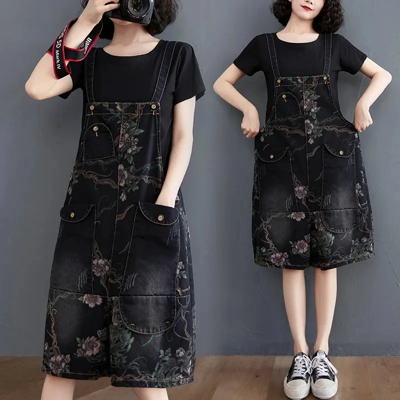 

Denim Suspenders Jeans For Women Pring/Summer 2023 New Printed Pocket One-piece large Women's Casual Wide leg Pants