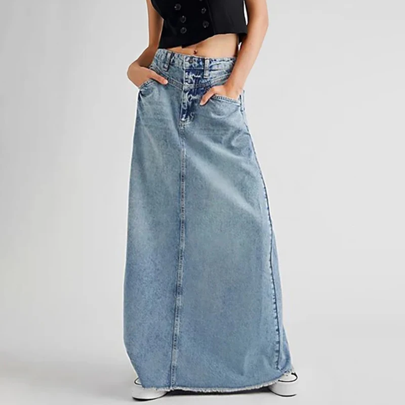 2025 New Elegant Long Denim Skirt Ladies  Arrival Retro Casual Cotton Blue Street Ladies Loose Washed A-Line Skirt