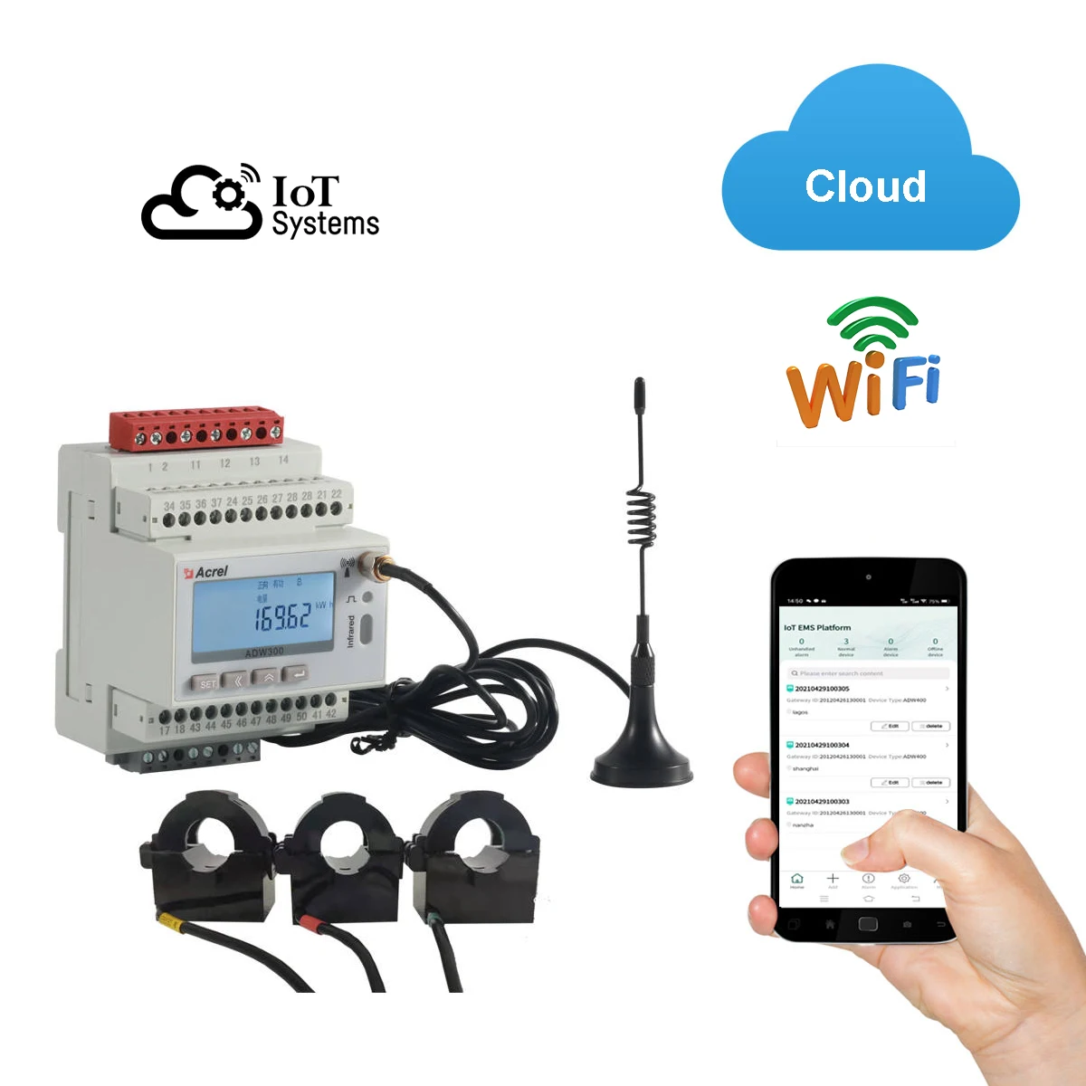 

Acrel ADW300 Din Rail IOT Wireless 3 Phase Wifi Smart Energy Meter Rs485 Modbus-RTU MQTT with 3 Pcs AC 100A Current Sensors