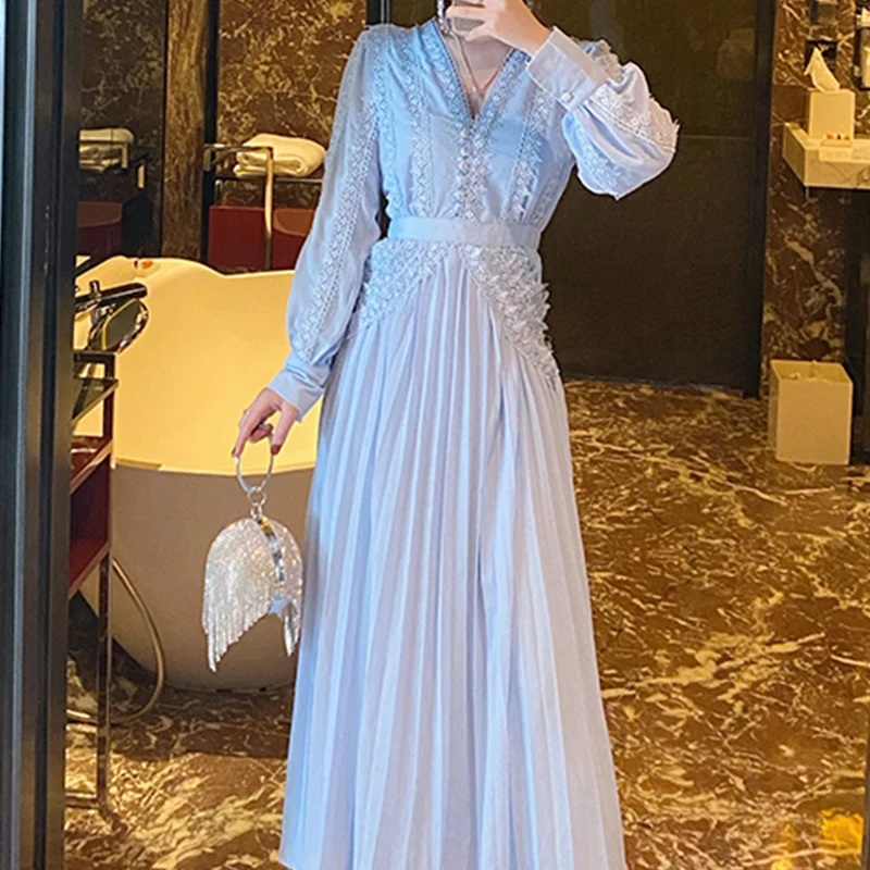 

Vintage Blue Maxi Dress Woman V Neck Elegant Evening Party Dresses Female Chiffon High Waisted Runway Long Dress Clothing Ladies