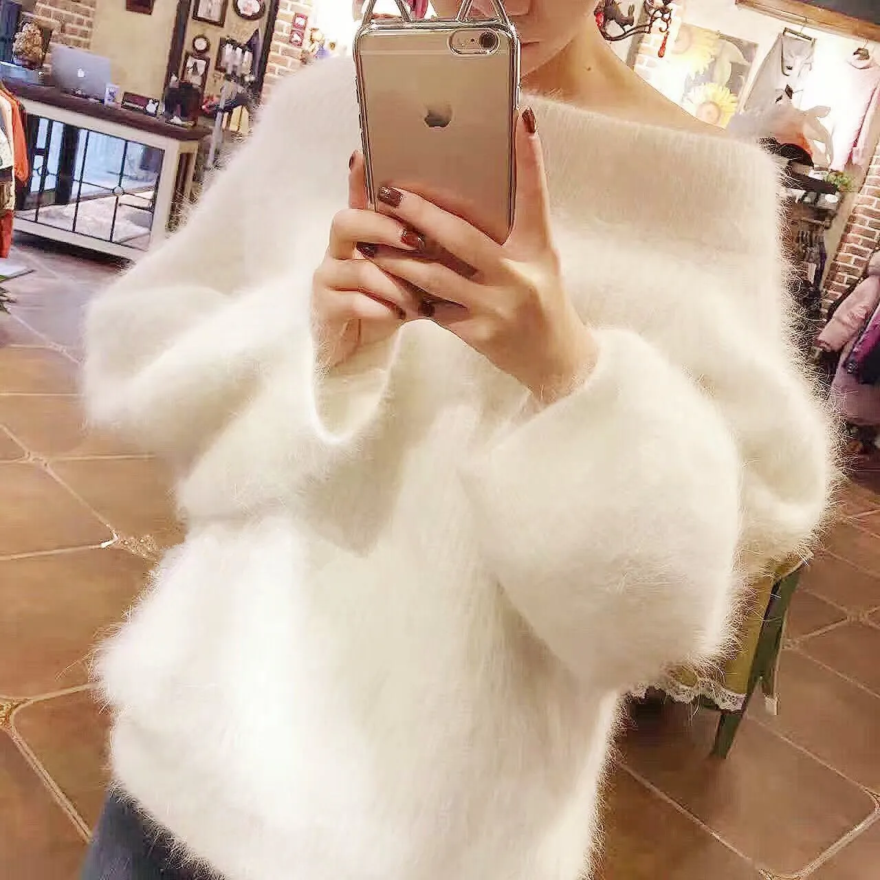 

New Korean Women Sexy Off Shoulder Soft Mink Cashmere Pullover Autumn Winter Thick Mohair Knitted Loose Slash Neck White Sweater