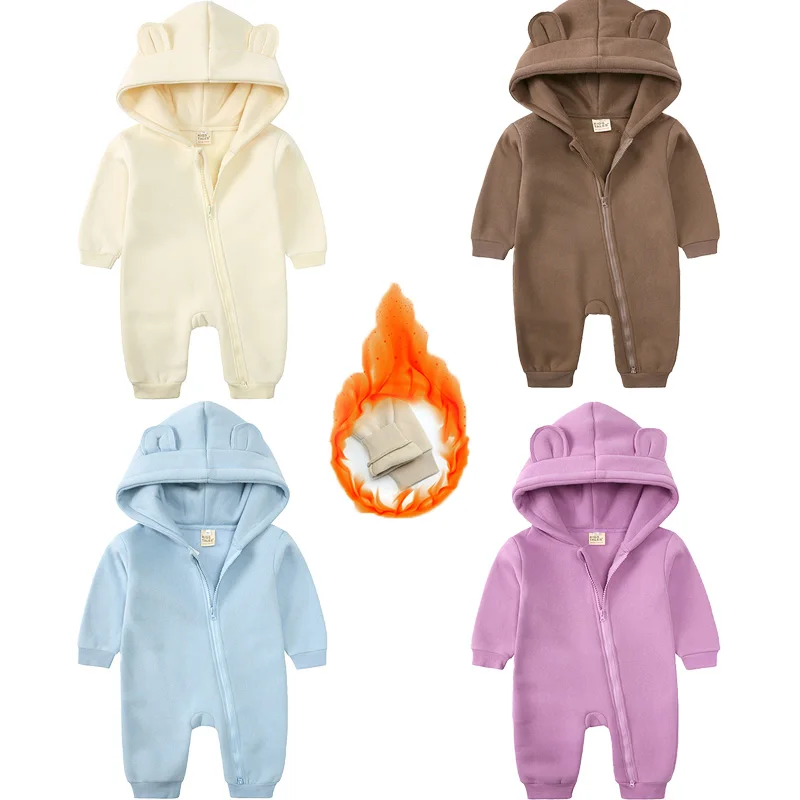 새로운 뜨거운 판매  소년 소녀 옷 긴 소매 Rompers 솔리드 ??후드 곰 점프 슈트 의상 를위한  Onesies 바디 슈트