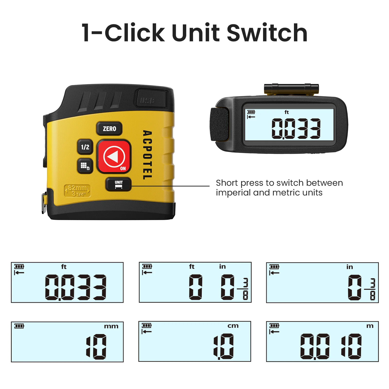 마일리시 2-in-1 디지털 줄자 DT20 5m 충전식 측정 도구, 거리/면적/부피 측정용