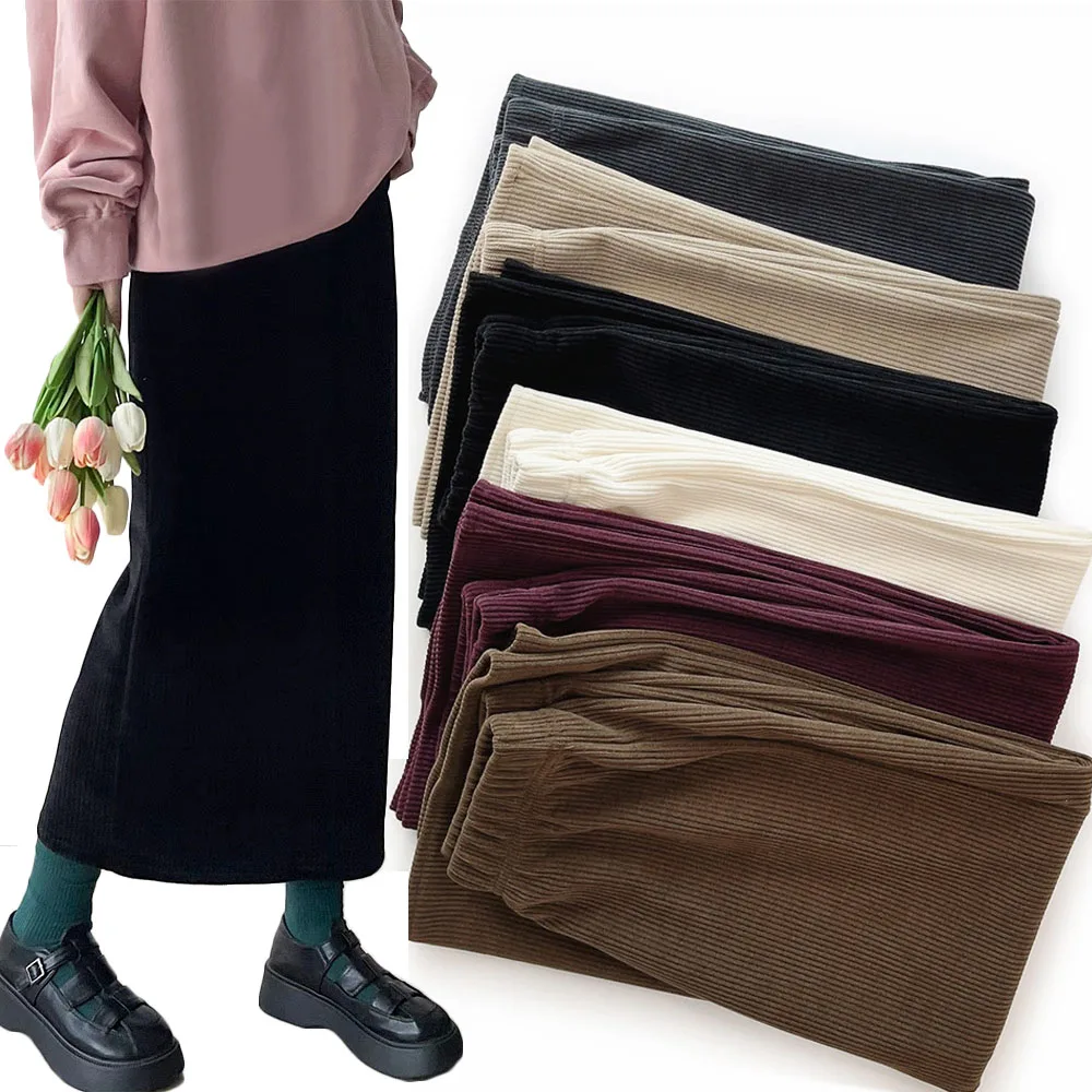 

women winter corduroy skirt vintage office ladies elegant chic A-line skirts slit skirt