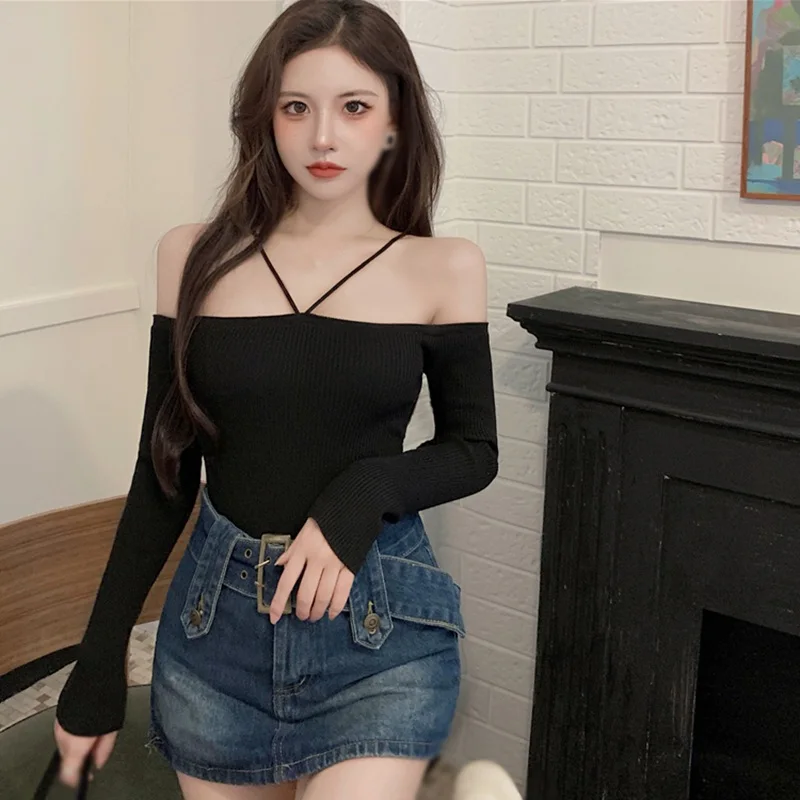 섹시한 여성 캐주얼 블라우스, 오프 숄더 티, 오프 숄더 슬림 긴 소매 핏 티셔츠