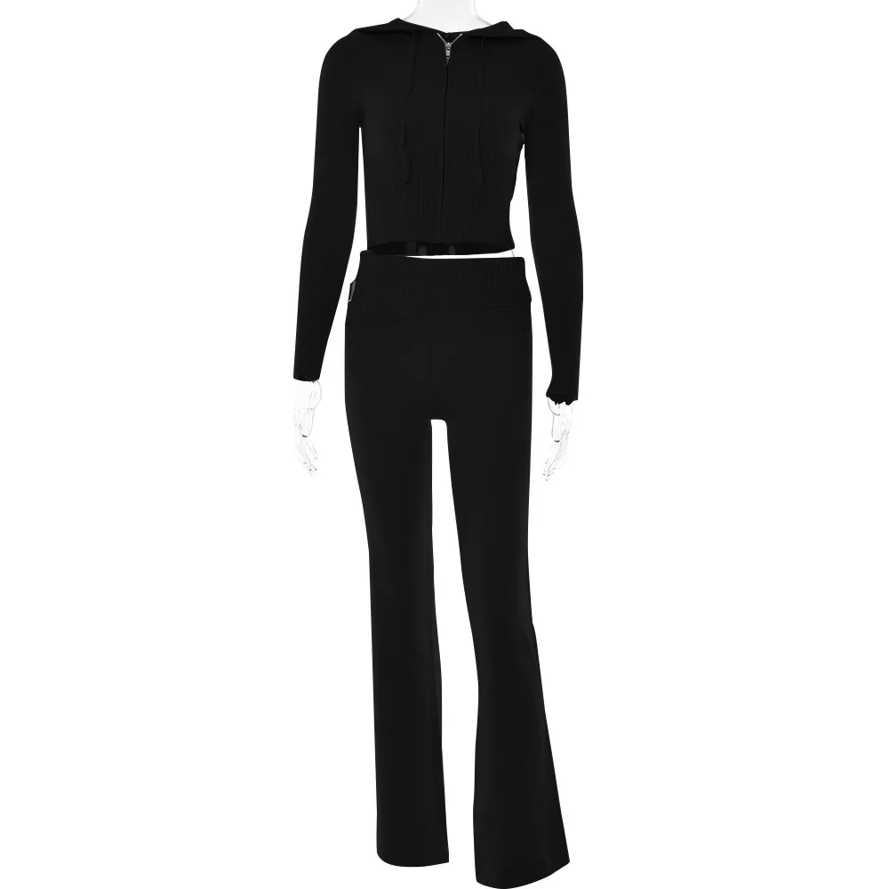BKLD 2024 New Knitted Hooded Zipper Long Sleeve Crop Top 2 Piece Sets Women Outfit Fashion Solid Color Sexy High Waist Pant Sets