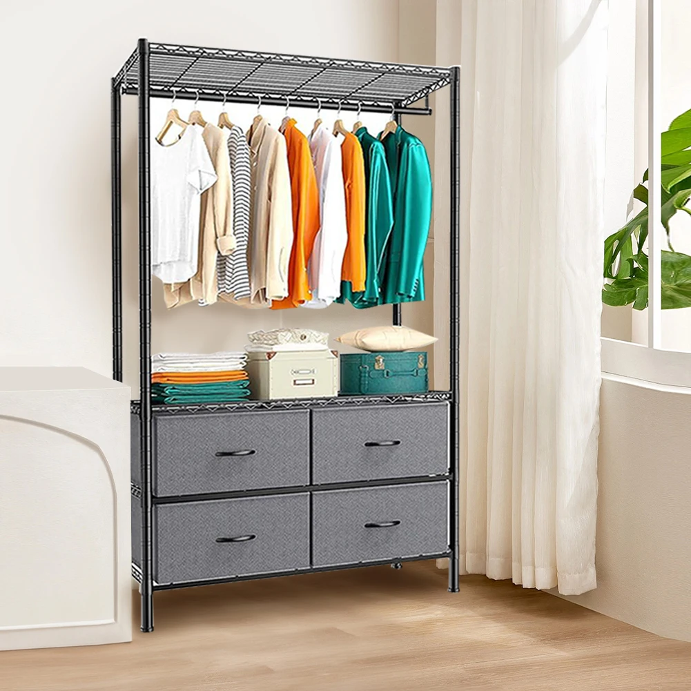 Metal Clothing Rack with Adjustable Shelves and Drawers