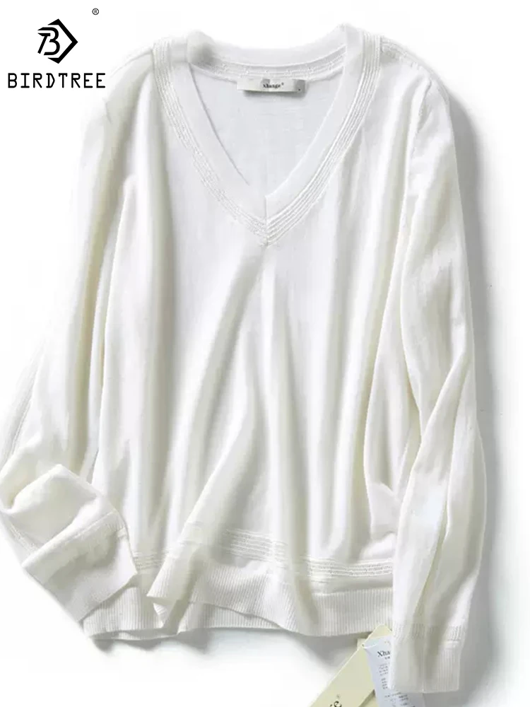 

BirdTree 100%Sheep Wool Pullover,Women V-Neck Long Sleeve Solid,Hollow Simple Casual Commute Knitwear,2024 Spring New T41838QD