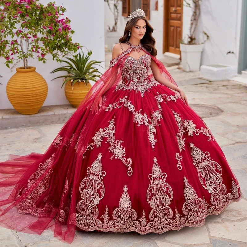 

Red Quinceanera Dresses With Cape Ball Gown Sweetheart Lace Beading Party Princess Sweet 16 Dress vestidos de 15 quinceañera