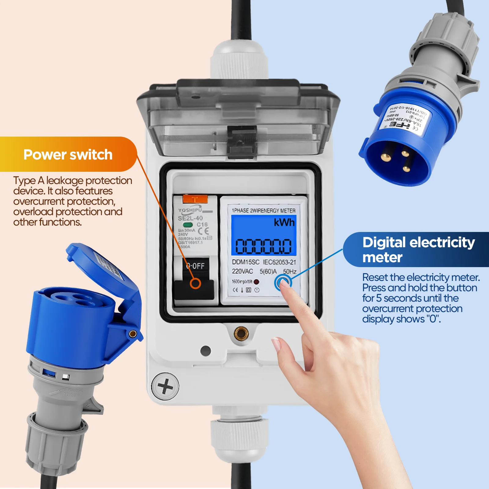Draagbare digitale stroommeter voor buitenstopcontact, 60A 220V buiten KWH-stopcontact stroommeter met IP67 waterdicht, draagbare stroommeter met 3m rubberen slangkabel voor campers en elektrische