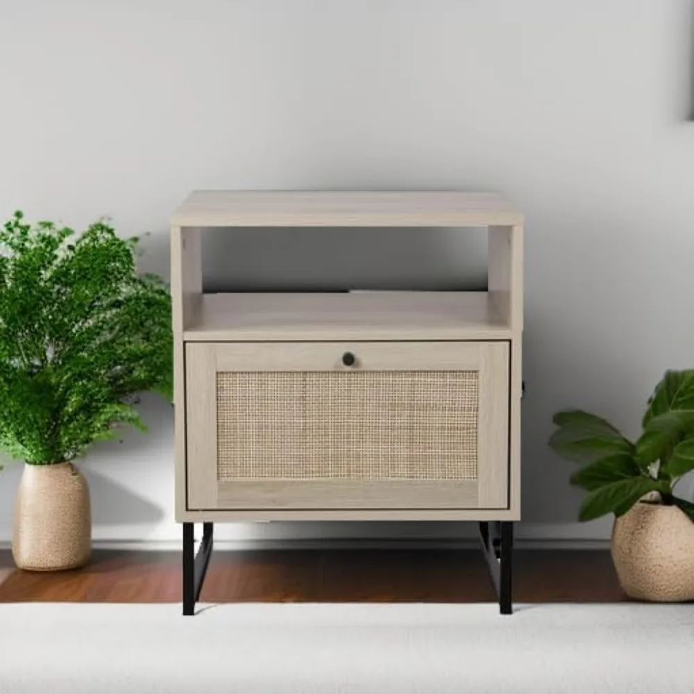 Rattan Wood End Side Accent Table Nightstand with Storage 5