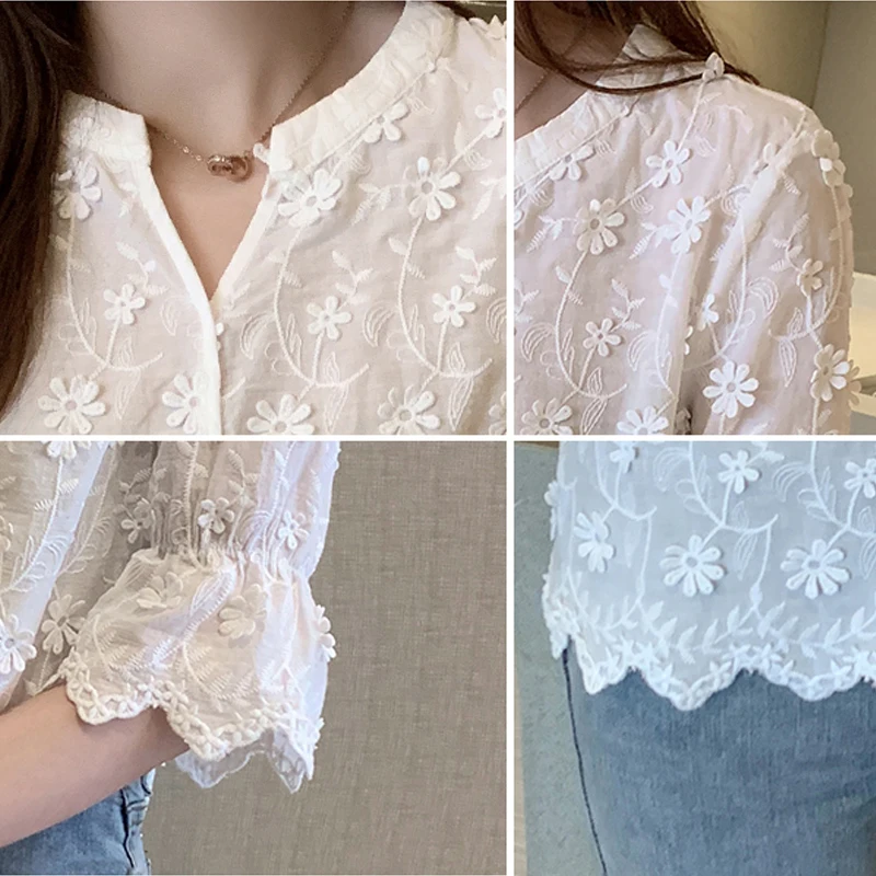 2023 Elegant Blouses Summer New Stereoscopic Embroidered White Lace Shirt Cotton Blouse Floral Short Sleeve Woman's Shirt 9638