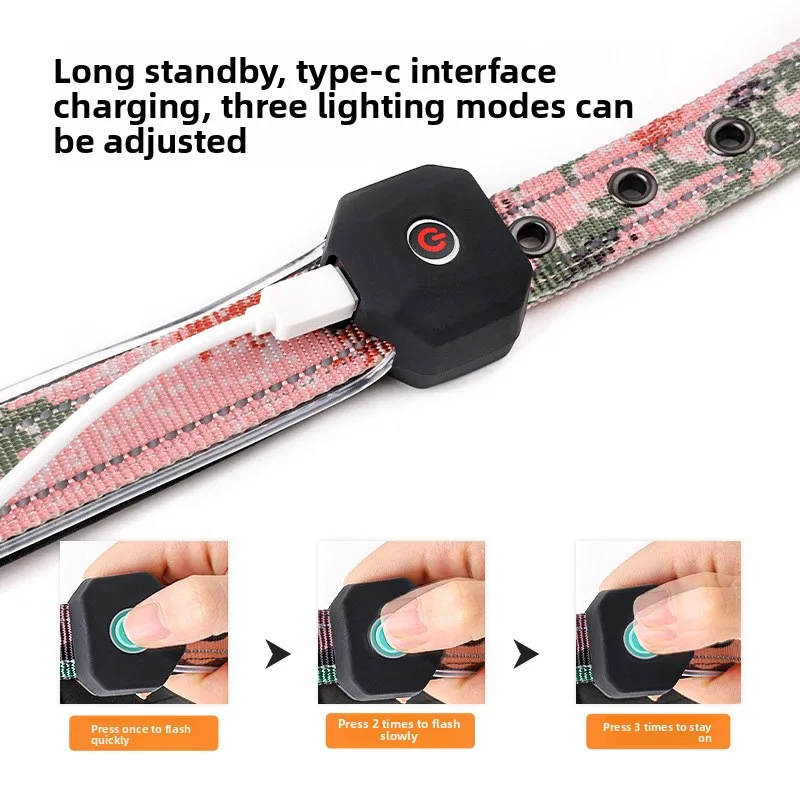 Diagram demonstrating the three lighting modes of the collar—quick flash, slow flash, and steady on—activated by pressing the central power button.