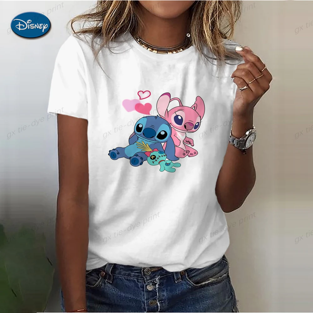 

2023 Women Fashion Tops Summer Disney Stitch Print Graphic Casual T-Shirt Loose Short-Sleeved White Base Tee Shirts