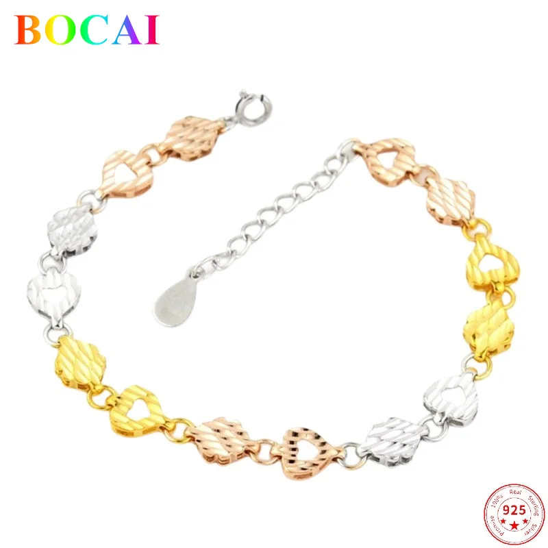 

BOCAI Solide S925 Sterling Silver Bracelets 2022 New Fashion Three Color Gold Plating Simple Argentum Hand String Gift
