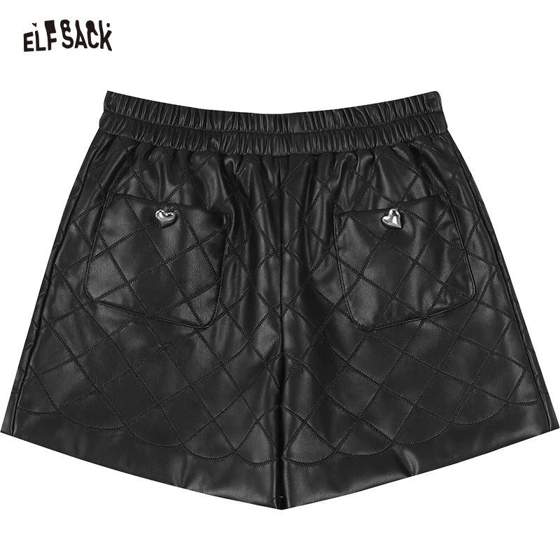 ELFSACK PU Black High Waist Shorts Woman 2023 Winter New Korean Fashion Bottoms