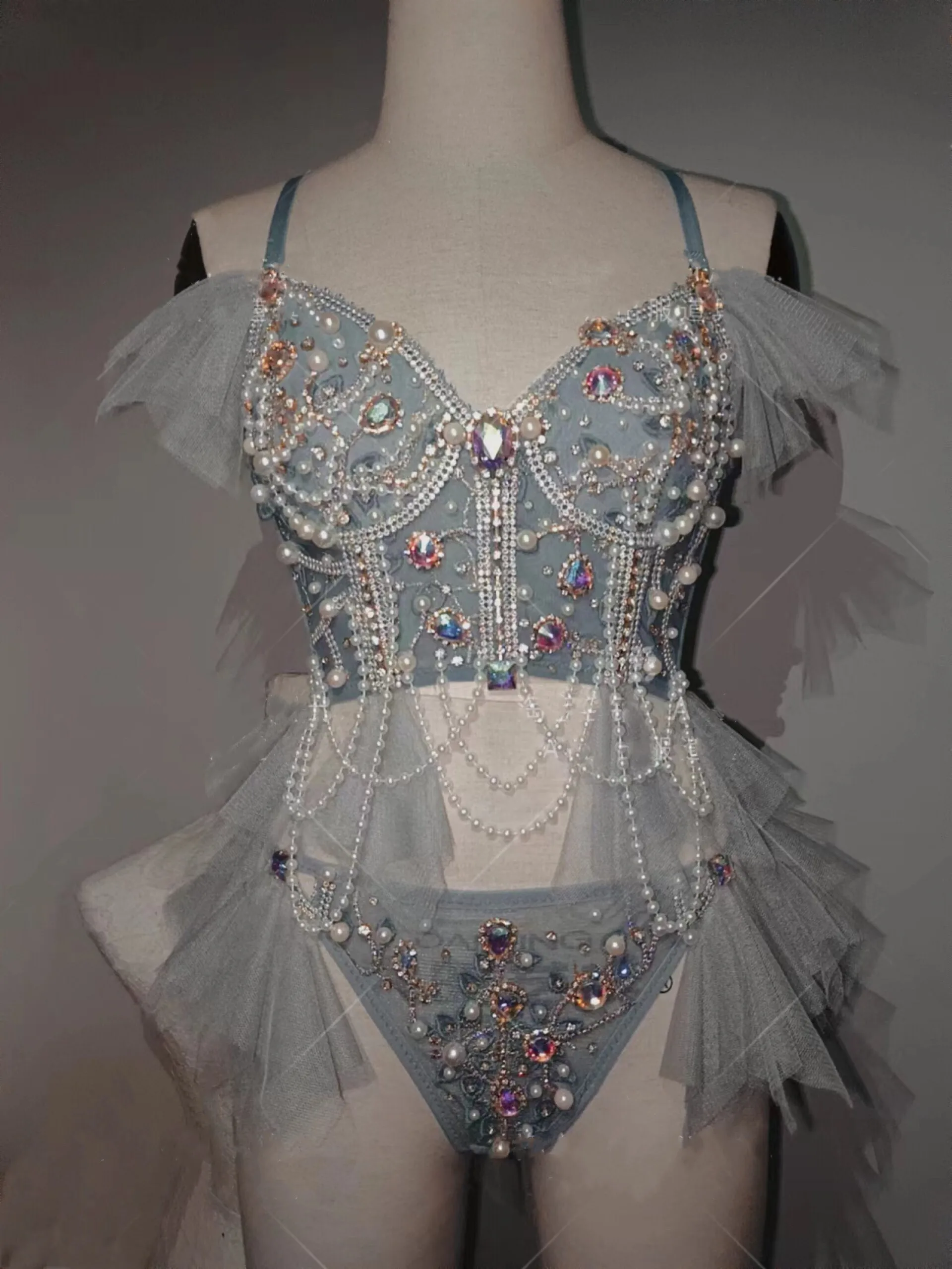 

Shining Rhinestones Pearl Bikini Pole Dancing Outfits Sexy Stage Wear Party Show Performance Nightclub Bar DJ Gogo Dance Costume