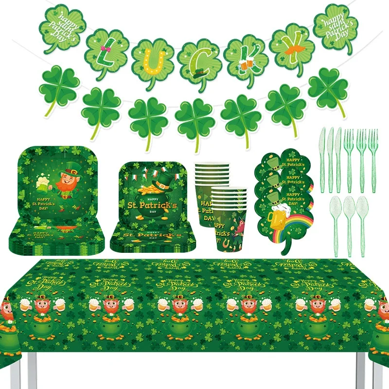 New St. Patrick'S Day Theme Party Decoration Stoviglie Shamrocks Leprechauns Paper Cup Plate Tissue Banner Tovaglia Kids Favor