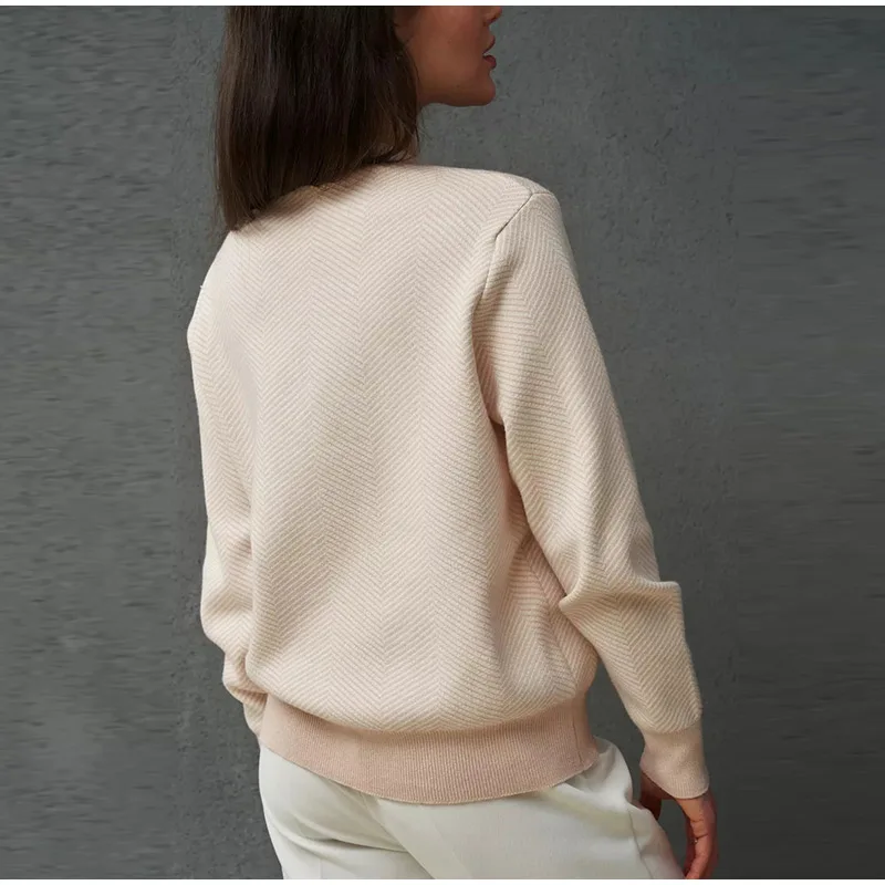 Einfarbiger Damen-Strickpullover mit Fischgrätenmuster, Rundhalsausschnitt, lange Ärmel, modisches Oberteil, 2025, Herbst, Damen, Alltag, Freizeit-Oberbekleidung – Detail 15