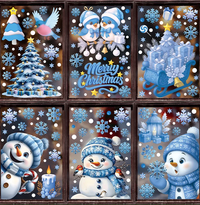 Christmas Decorative Stickers Cartoon Santa Snowmen Bells Static Window Glass Stickers for Holiday Party Decor