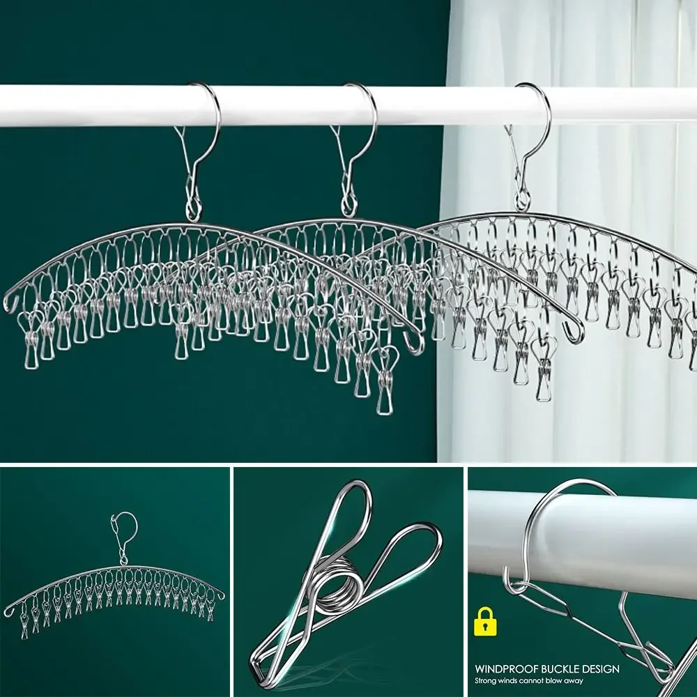 1Pc Stainless Steel Clothes Drying Hanger With 10/16Clips Windproof Clothing Rack Clips Sock Underwear Socks Holder Home Tools 6