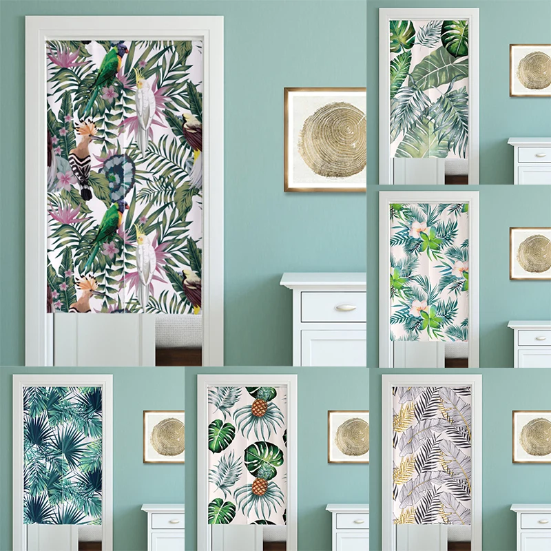 

Tropical Plant Plam Leaves Printed Door Curtains Kitchen Bathroom Partition Curtain Bedroom Decoration Entrance Half Curtains