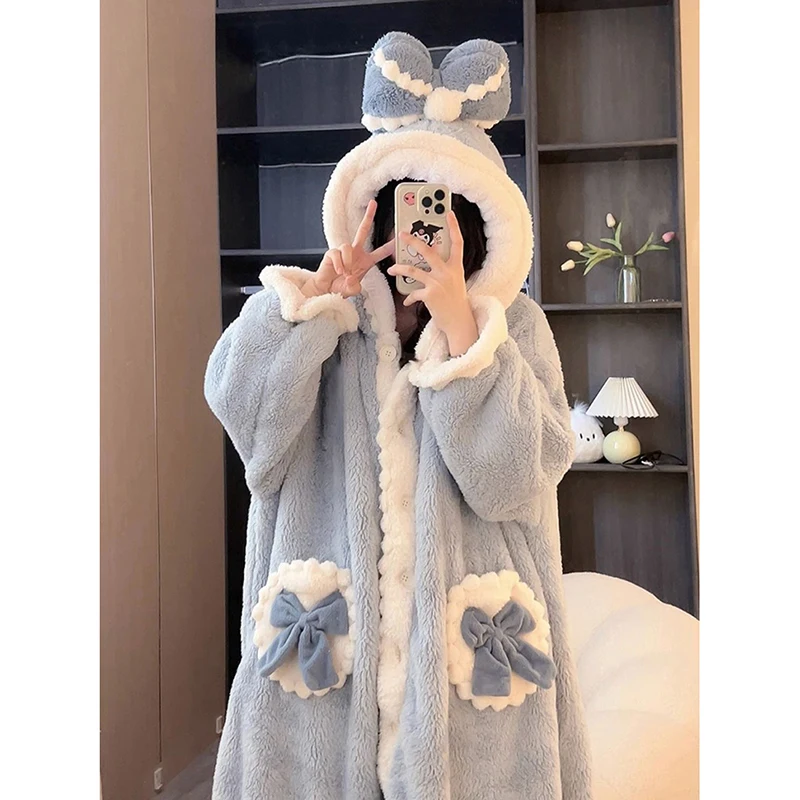 Bow Robe for Women Sleepwear Nightdress Winter Night Wears Cute Fleece Pajama One Piece Nightgown Hooded Long Sleeve Homewear