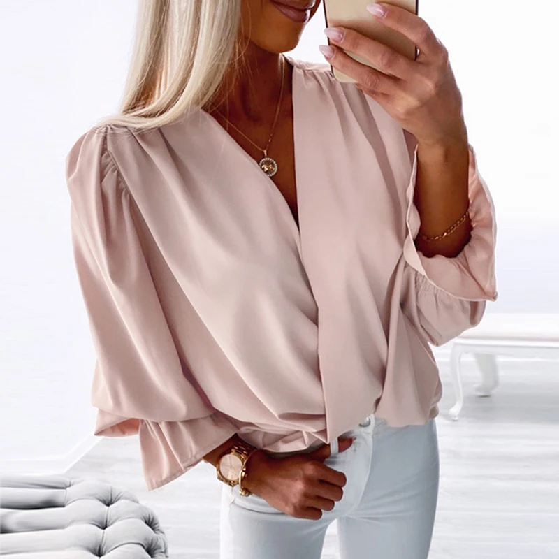 

Women Solid Color V Neck Pullover Tops Elegant Casual Flared Long Sleeve Chiffon Blouse Fashion Simple Temperament Commute Shirt