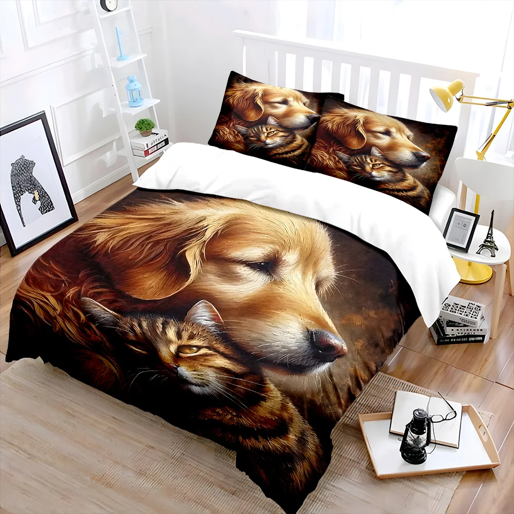 Warm dog and cat embrace painting Print Soft Comfortable Duvet Cover Bedding Set Included 1*Duvet Cover 2*Pillowcases 2