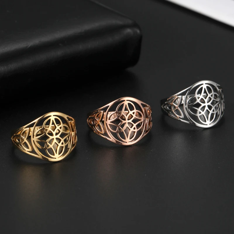 COOLTIME Stainless Steel Rings Steel Color Flower of Life Circle Celtics Knot Ring Gift for Women Men Jewelry