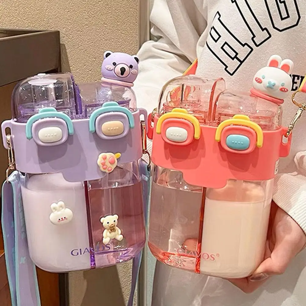 Water Bottle Large Capacity Cute Cartoon Drinking Bottle 530ml Double-Bin Plastic Straw Cup with Adjustable Strap for Kids_voghion.com