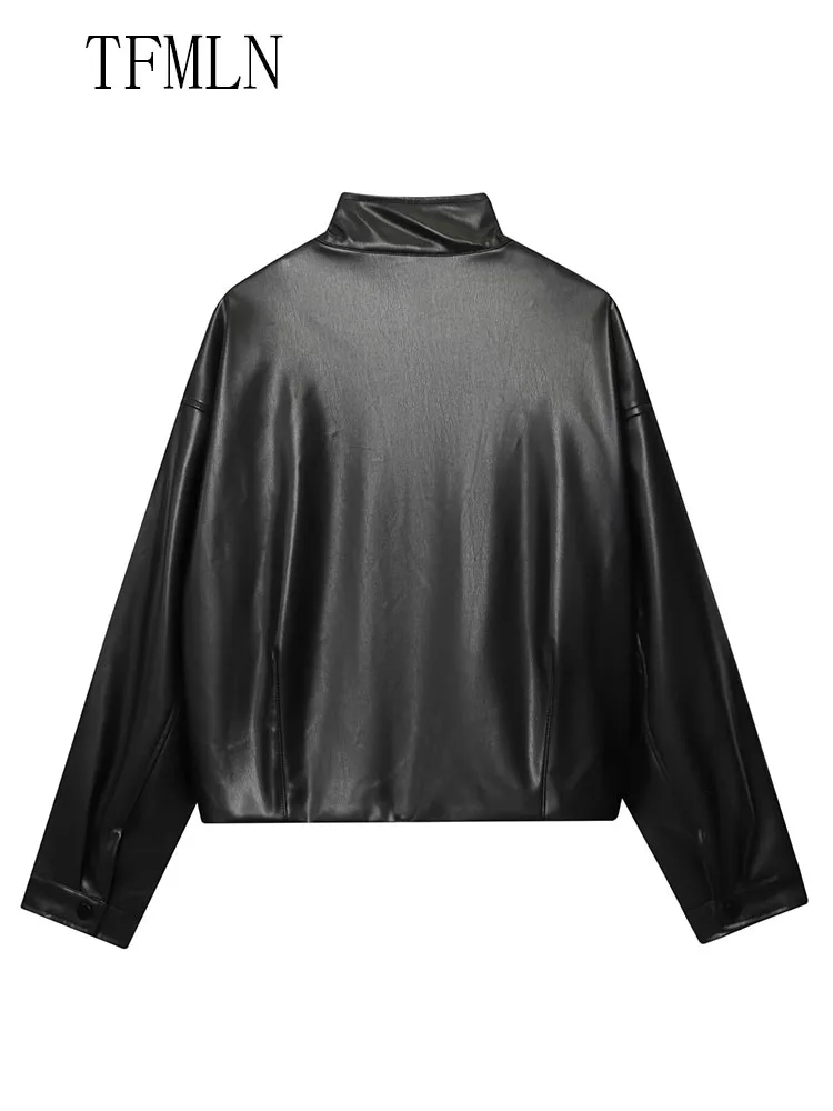 Casual Chic Faux Leather Bomber Jacket For Women 2025 New Retro Single Breasted Long Sleeve Cropped Coat Fashion 2025 Autumn