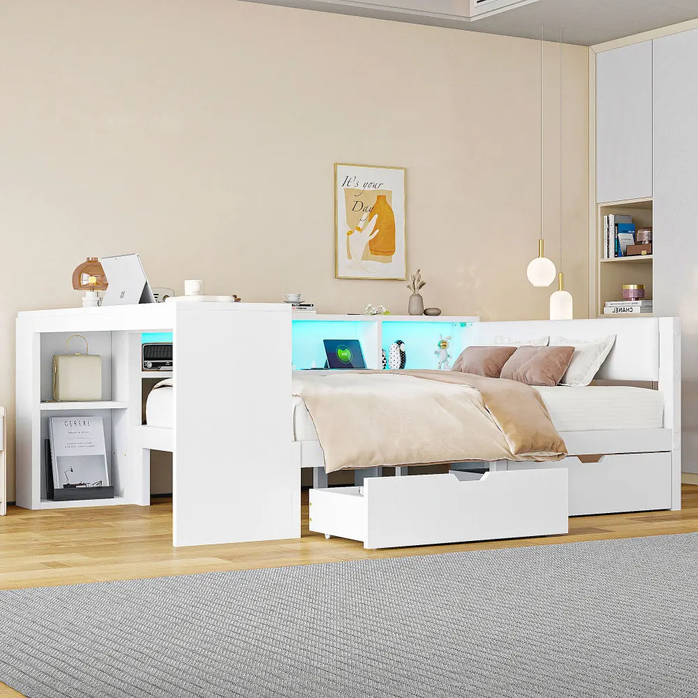 90x200 Plattformbett aus Holz mit Stauraumbereichen, Schubladen, Ladestation und gepolstertem Kopf, mit bunten LED-Leuchten, Weiß – Detail 21