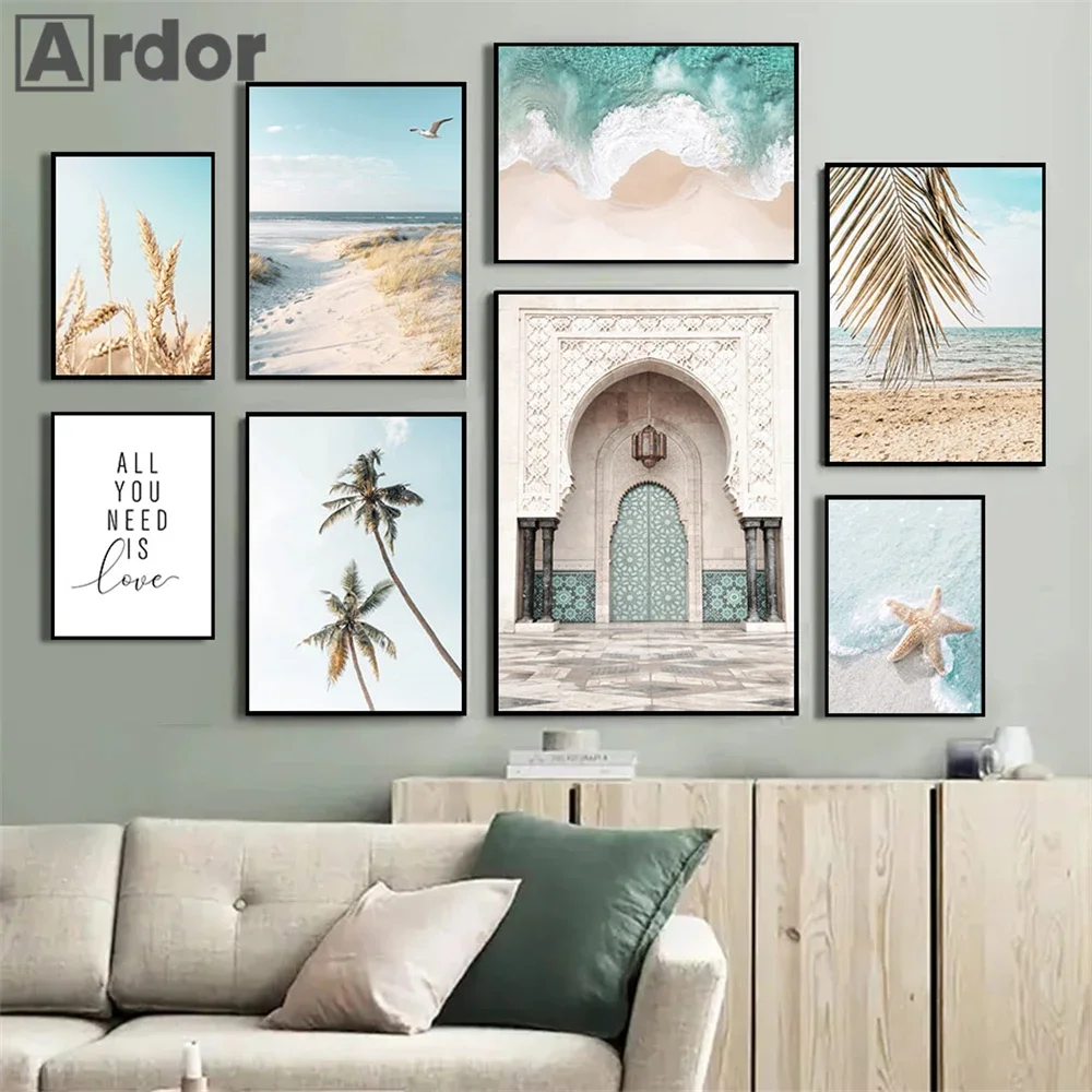 

Плакат с кокосовым деревом, принт морского пляжа, картины на холсте с изображением сена, пшеницы, пальмовых листьев, морских звезд, настенные художественные плакаты в скандинавском стиле, декор для спальни