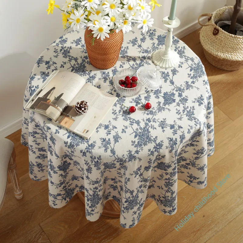 

Cotton and Linen Round Tablecloth Vintage Blue Floral Printed Christmas Decoration Dining Table Cloth for Home Garden Tea