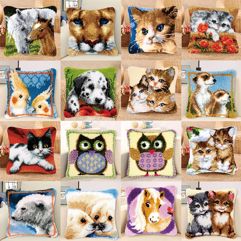 

Latch Hook Pillow Knooppakket Cartoon Animal Cute Dog Cat Carpet Needlework Set Latch Hook Cushion Button Package knoopkussen