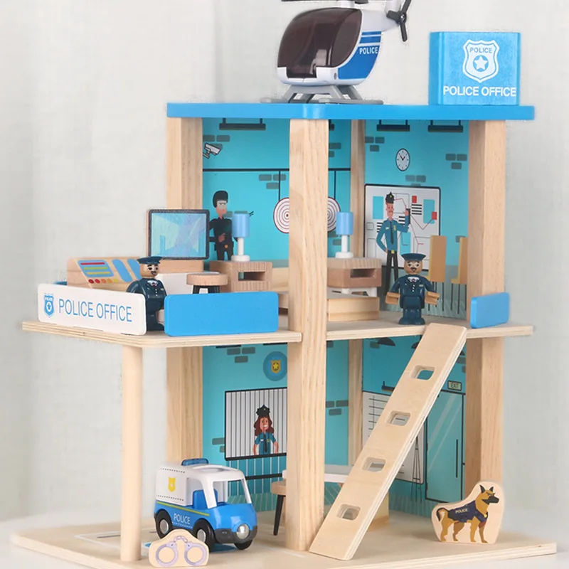 Role Play Toy Police Office Model Toys DIY Wooden Doll House Furniture Educational Toys