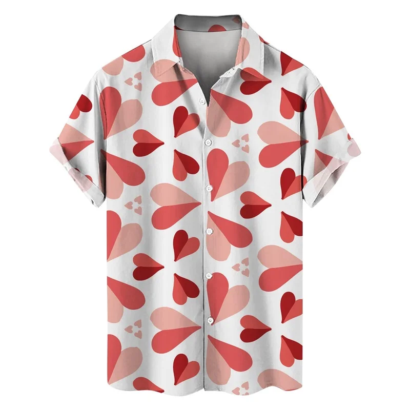 thumbnail image 1 of Camisetas de manga corta para hombre, con estampado 3D de amor, gráfico, camisas de botones para el día de San Valentín, blusa informal de verano para playa para hombre, 1 of 5