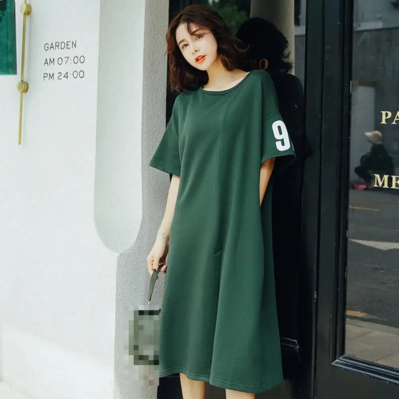 

2022 Summer New Casual Simple Solid Color Loose Thin Sexy Slits All-match O-neck Street Style Women T-shirt Dress Free Shipping